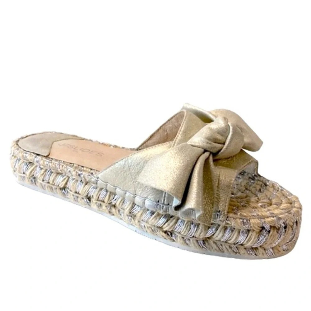 J/Slides Bow Champagne Color Preppy Espadrille Coquette Platform Slides Size 10